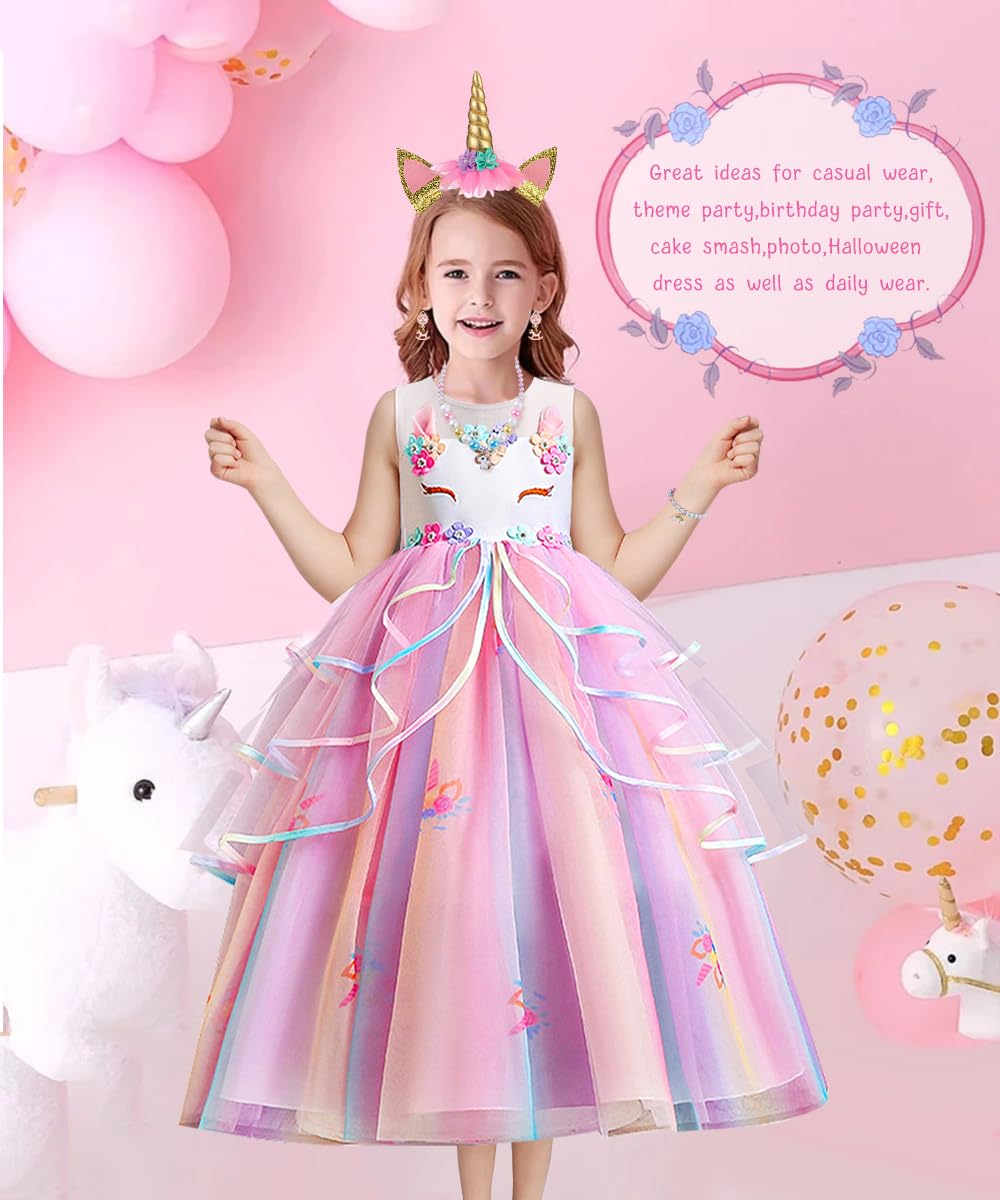 TOLOYE Disfraz Princesa Niña, Unicornio Princesa Vestidos Infantiles(110) | Disfraz Niña con Venda Collar Set, Unicornio Cosplay Vestirse para Niño Cumpleaños Fiesta Halloween Navidad Carnaval