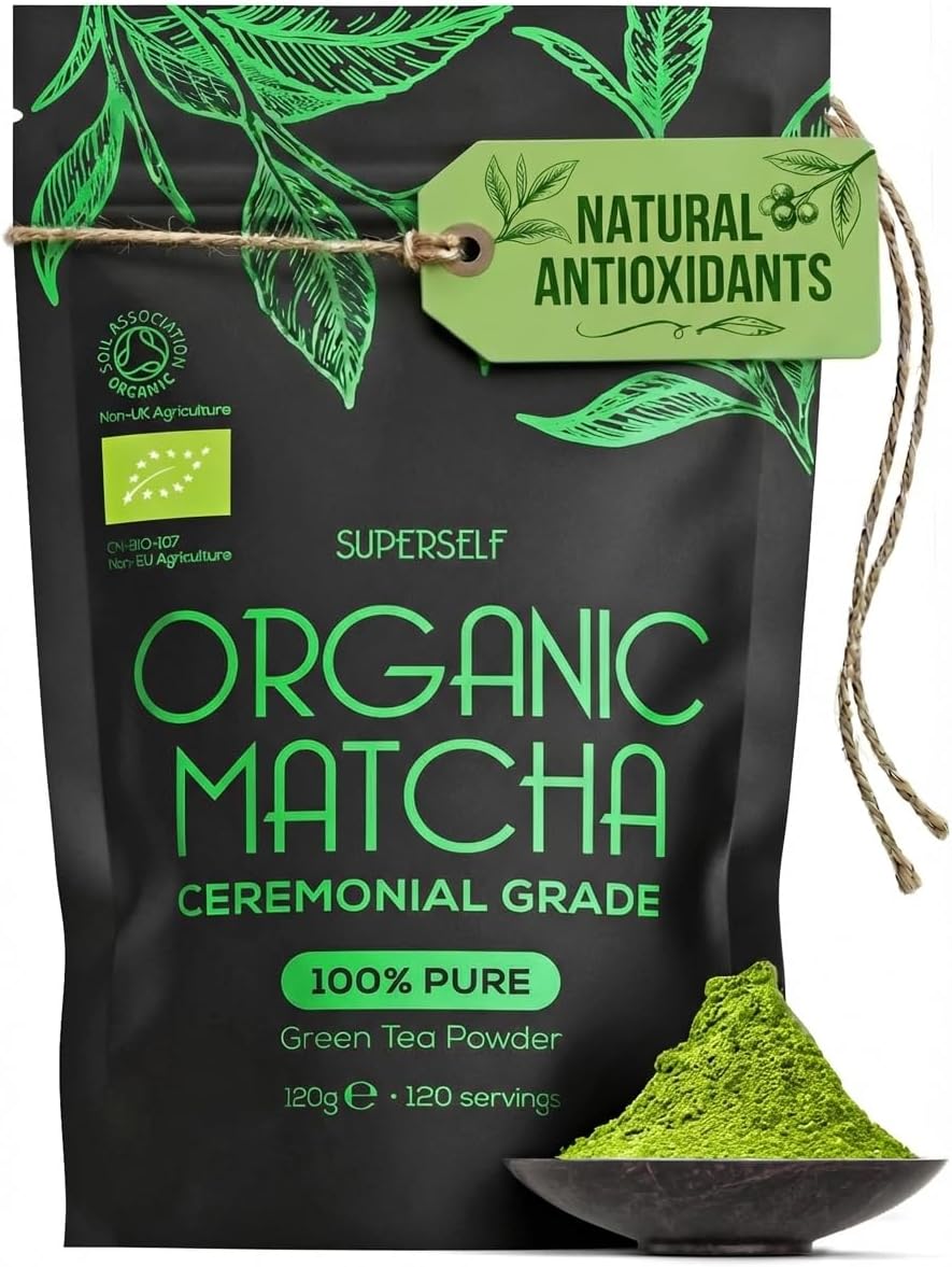 SuperSelf Organic Matcha Powder - Ceremonial Grade & 100% Pure - Smooth Taste & Vibrant Green - Macha for Straight Tea, Lattes, Baking - Certified Organic - Japanese Stone Ground Method - Large 120g