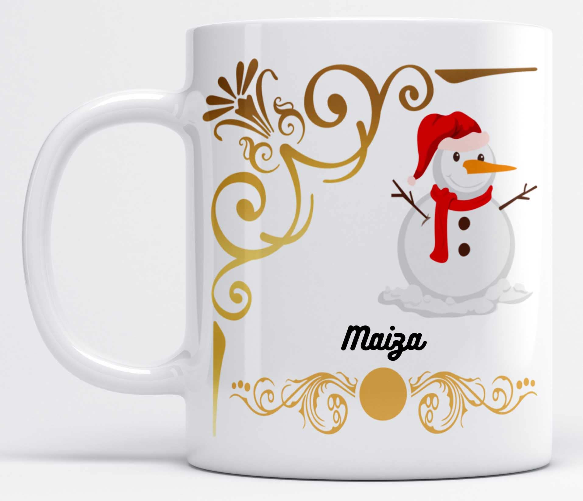 LOROFY Name Maiza Printed Snowman Design White Ceramic Coffee Mug (350ML)