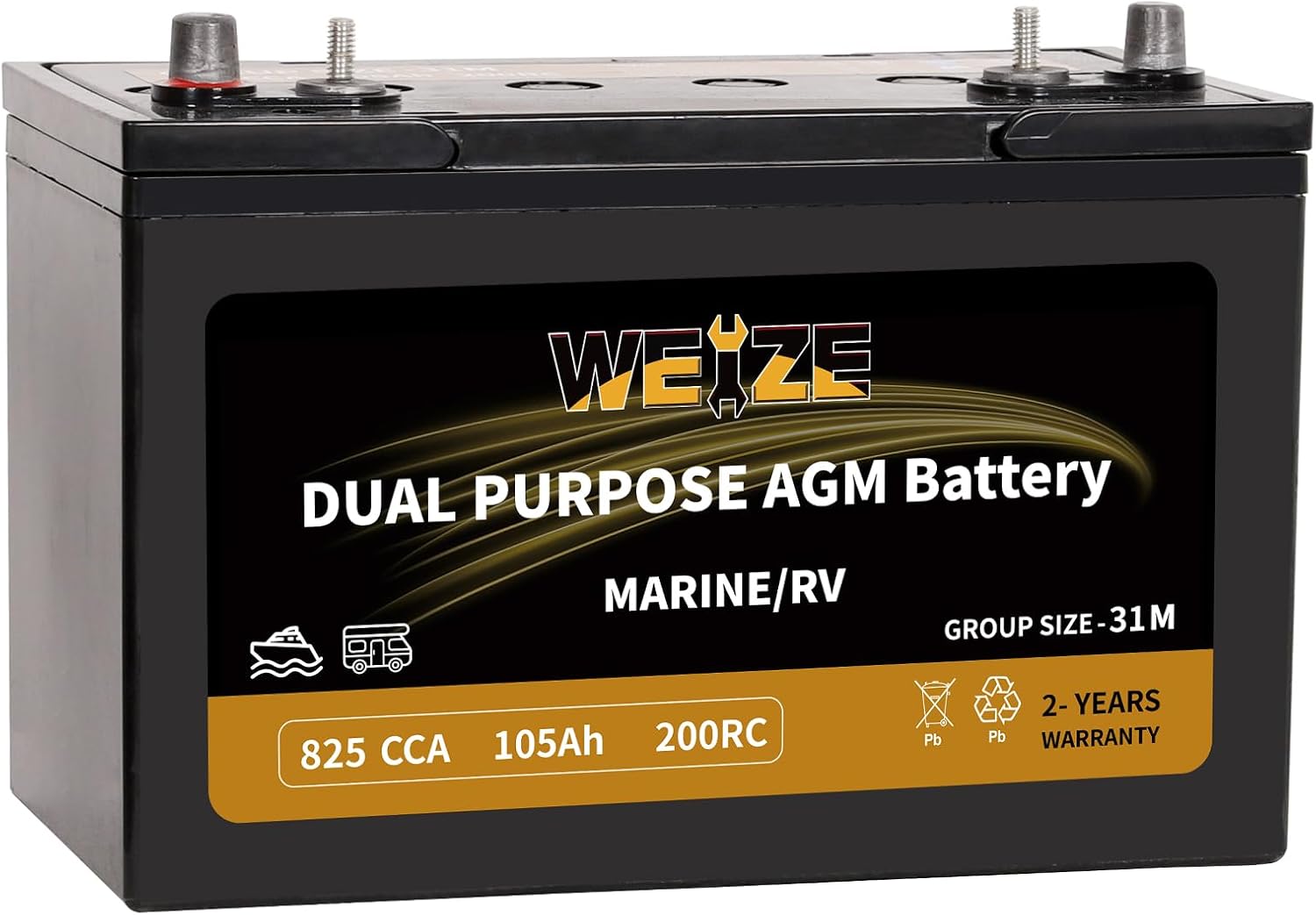Weize BCI Group 31M Dual Purpose AGM Battery, 200RC 825CCA 12V 105AH Starter & Deep Cycle Sealed Marine & RV Battery Weize BCI Group 31M Dual Purpose AGM Battery, 200RC 825CCA 12V 105AH Starter & Deep Cycle Sealed Marine & RV Battery