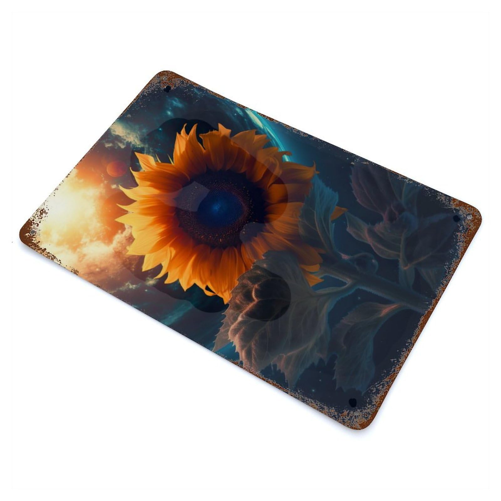 Sunflower Earth Sun Moon Vintage Wall Sign 11.8"x7.9", Rust Effect Metal Decor for Farmhouse, Kitchen And Entryway Decor
