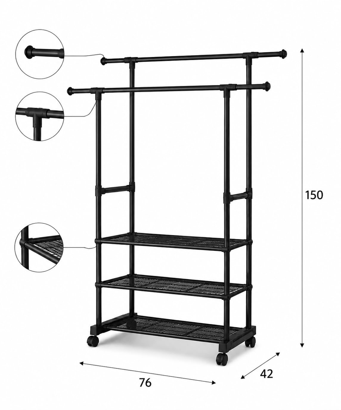 Generico Appendiabiti da Terra con Ruote e Ripiani – Stand Appendiabiti Doppio Bastone in Acciaio Nero – Attaccapanni Salvaspazio per Camera, Ingresso e Cabina Armadio – 42x76x150 cm