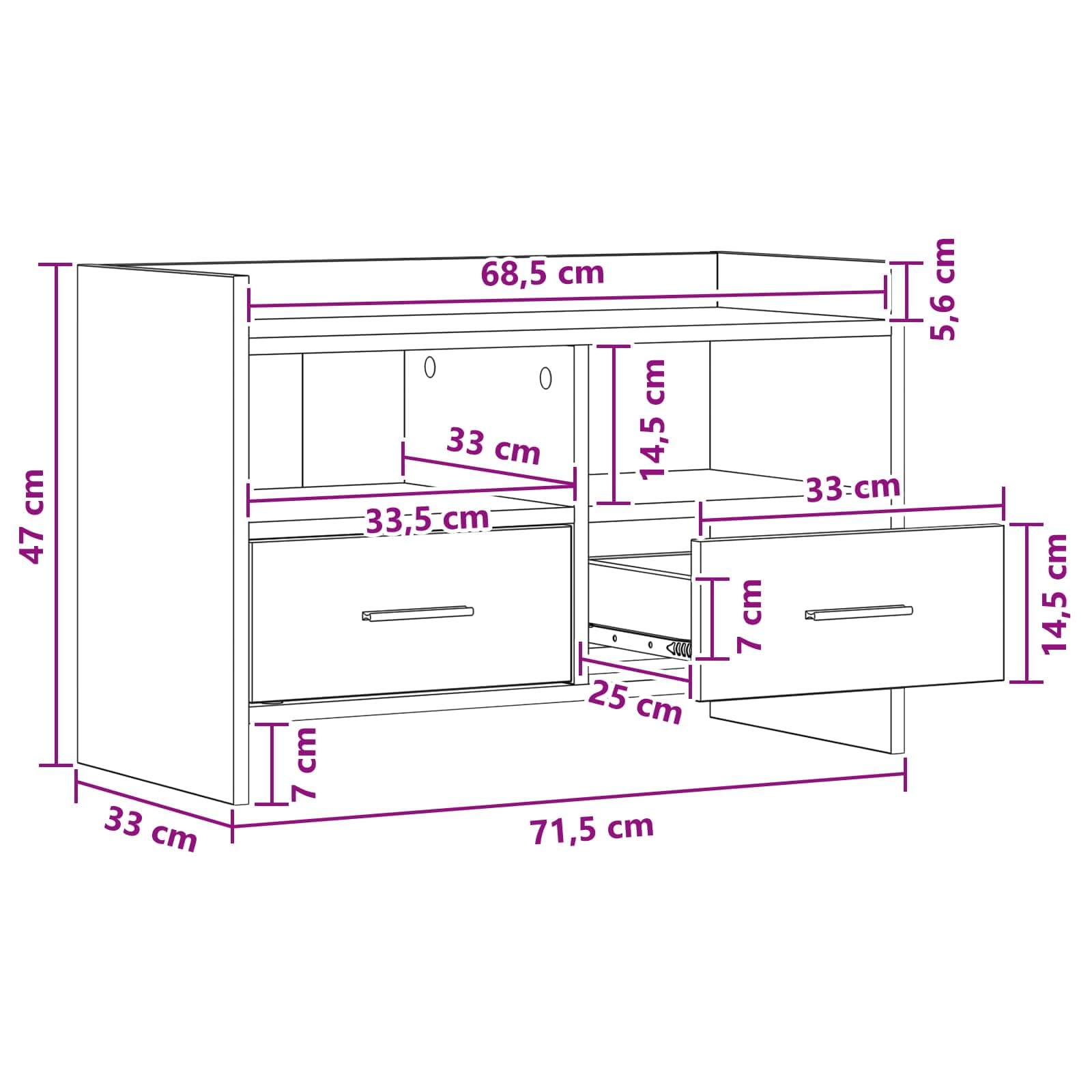 Mobile TV in rovere Sonoma, 71,5 x 33 x 47 cm, con 2 cassetti e 2 ripiani, tavolino basso per soggiorno, gaming, home theater, salvaspazio con spazio per supporti multimediali