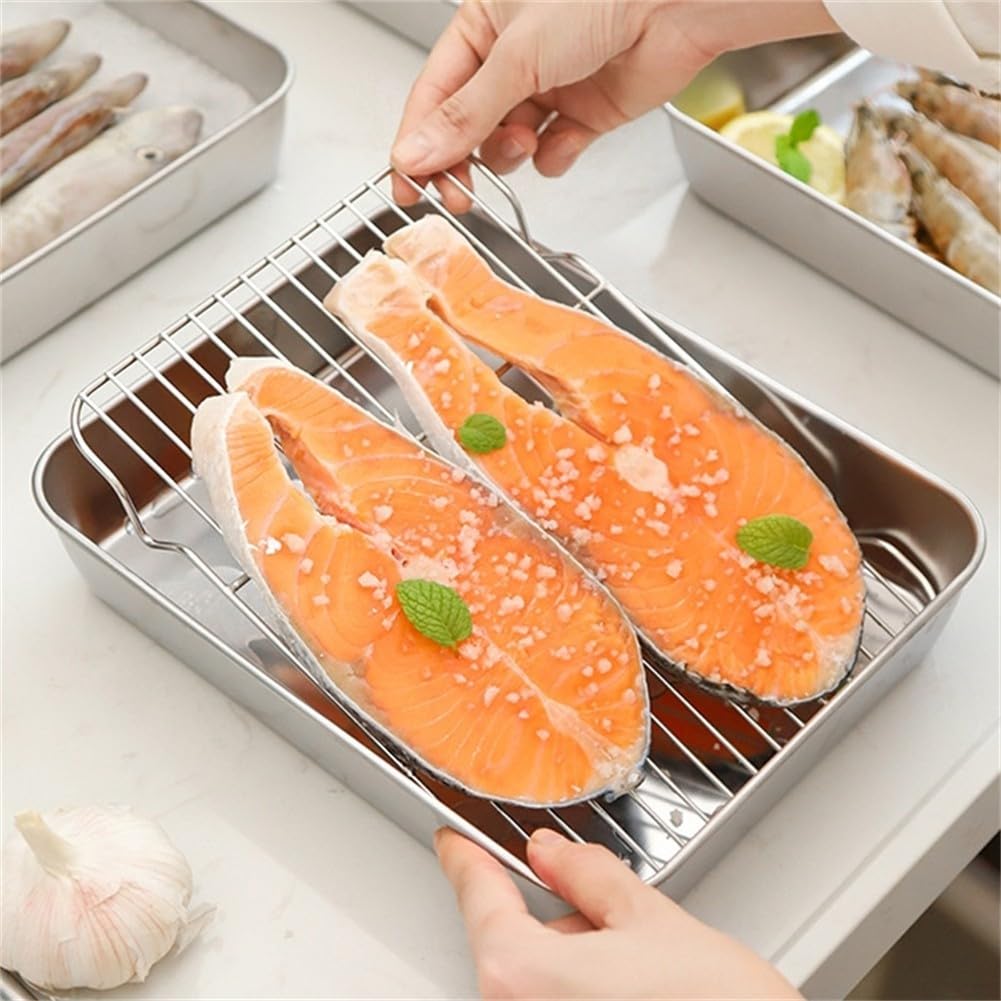 Sartén de acero inoxidable con tapa, 31 x 24 x 5 cm, versátil bandeja de refrigeración y bandeja para platos, apta para lavavajillas, perfecta para hornear y servir cenas