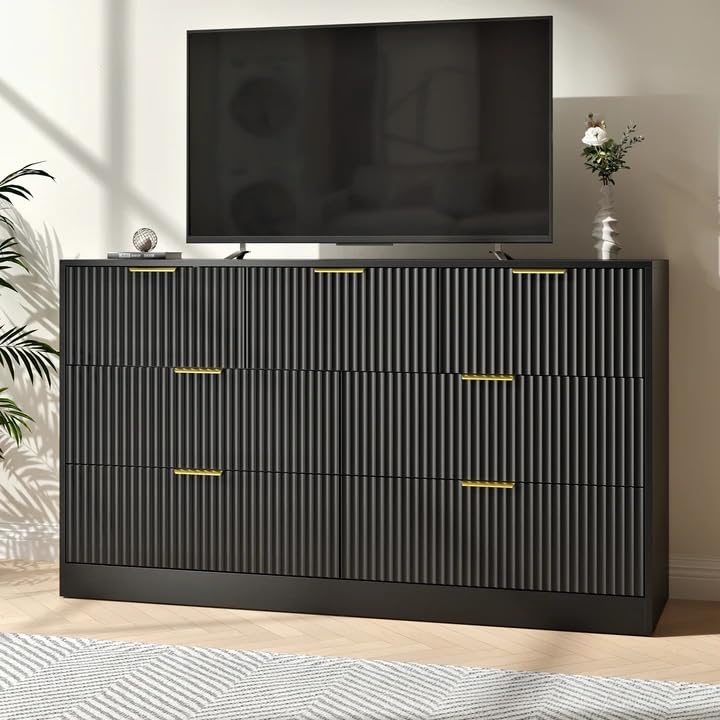 Image of Black Dresser with 7 Drawer - 55 inch Wide Fluted Dresser for Bedroom with Metal Handle, Chest of Drawer, Wood TV Stand for Bedroom, Living Room, Black