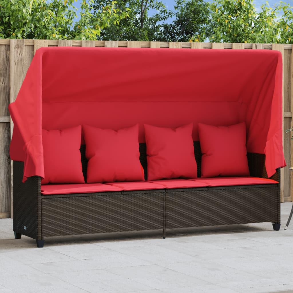 Leżak ogrodowy z wysuwanym dachem, brązowy rattan PE 204 x 75 x 140 cm, regulowane oparcie i podnóżek, z poduszką do siedzenia do 110 kg