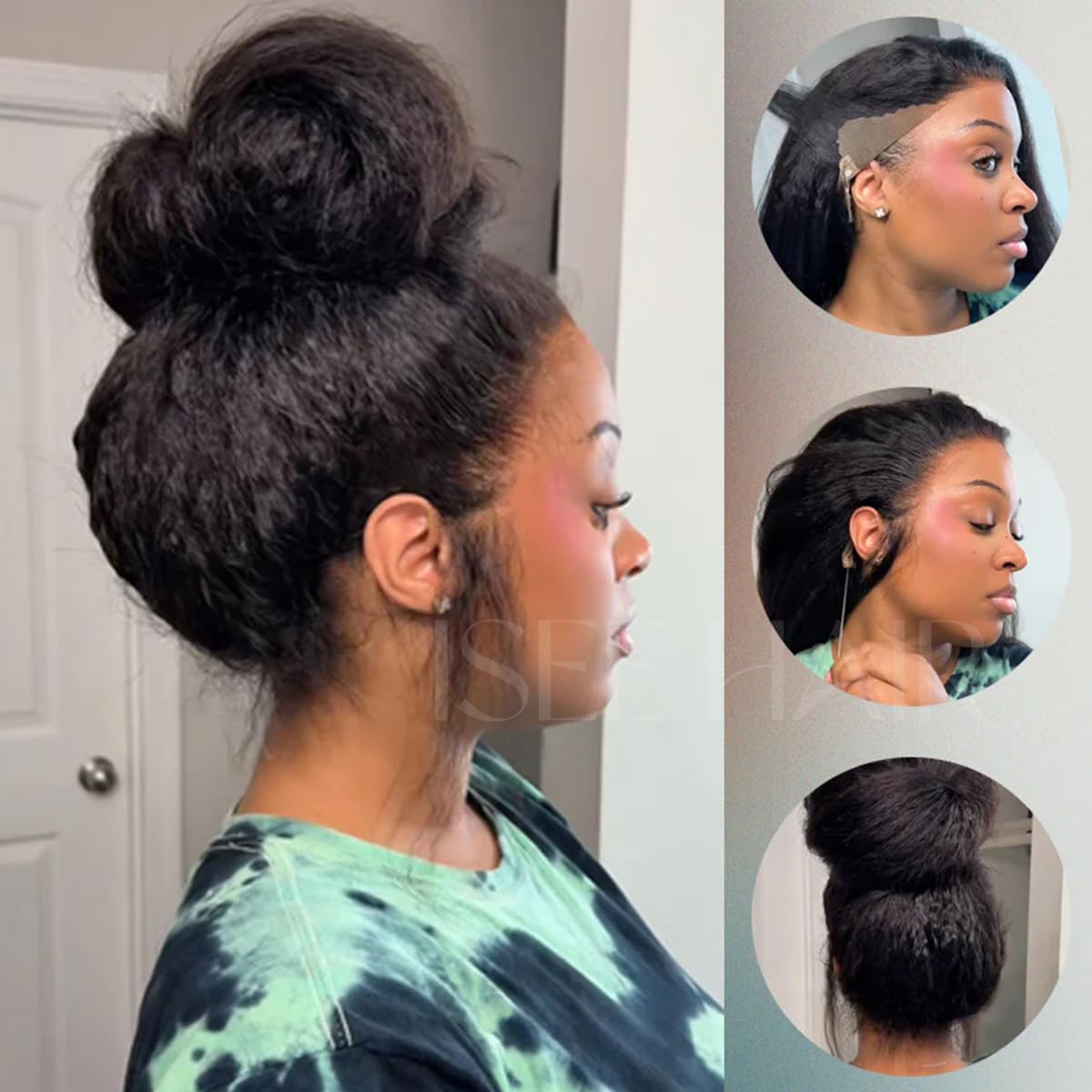 ISEE Hair 360 Kinky Straight Lace Front Wigs Human Hair 360 Full Lace Glueless Wigs With Invisible Drawstring Pre Plucked Pre Bleached 180% Density Beginner Friendly For Women 18 Inch