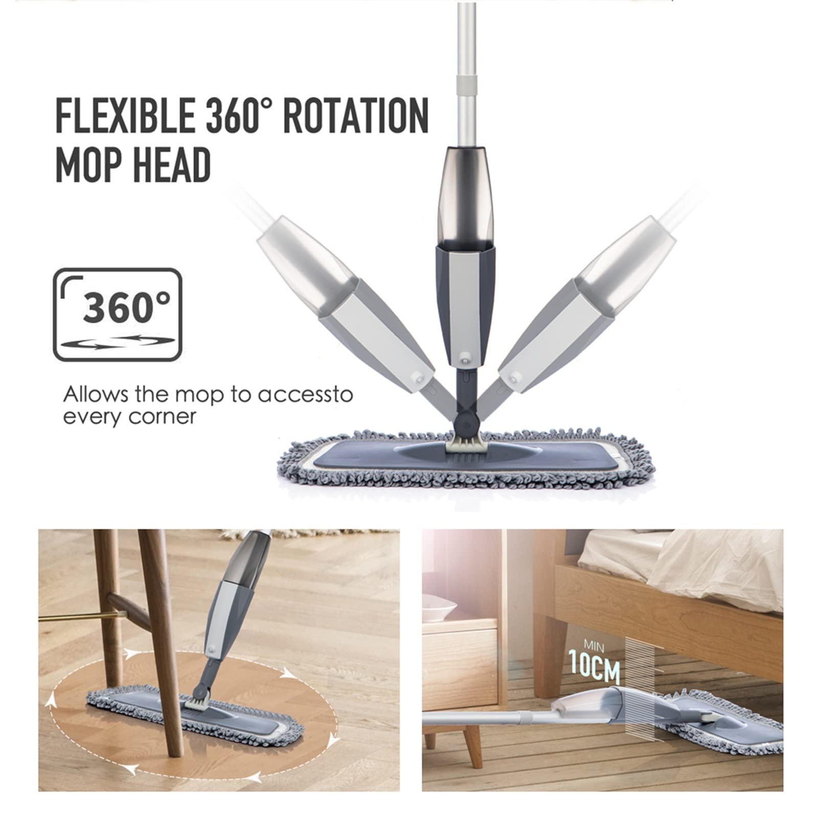 Mopa limpiadora en aerosol para suelos – mopa plana húmeda y seca para azulejos, laminado, cerámica, madera – Incluye almohadillas reutilizables y kit de limpieza de raspador