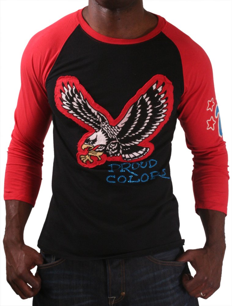 Ed Hardy Christian Audigier Men 2/3 Sleeve Rhinestone Shirts Eagle Black/Red