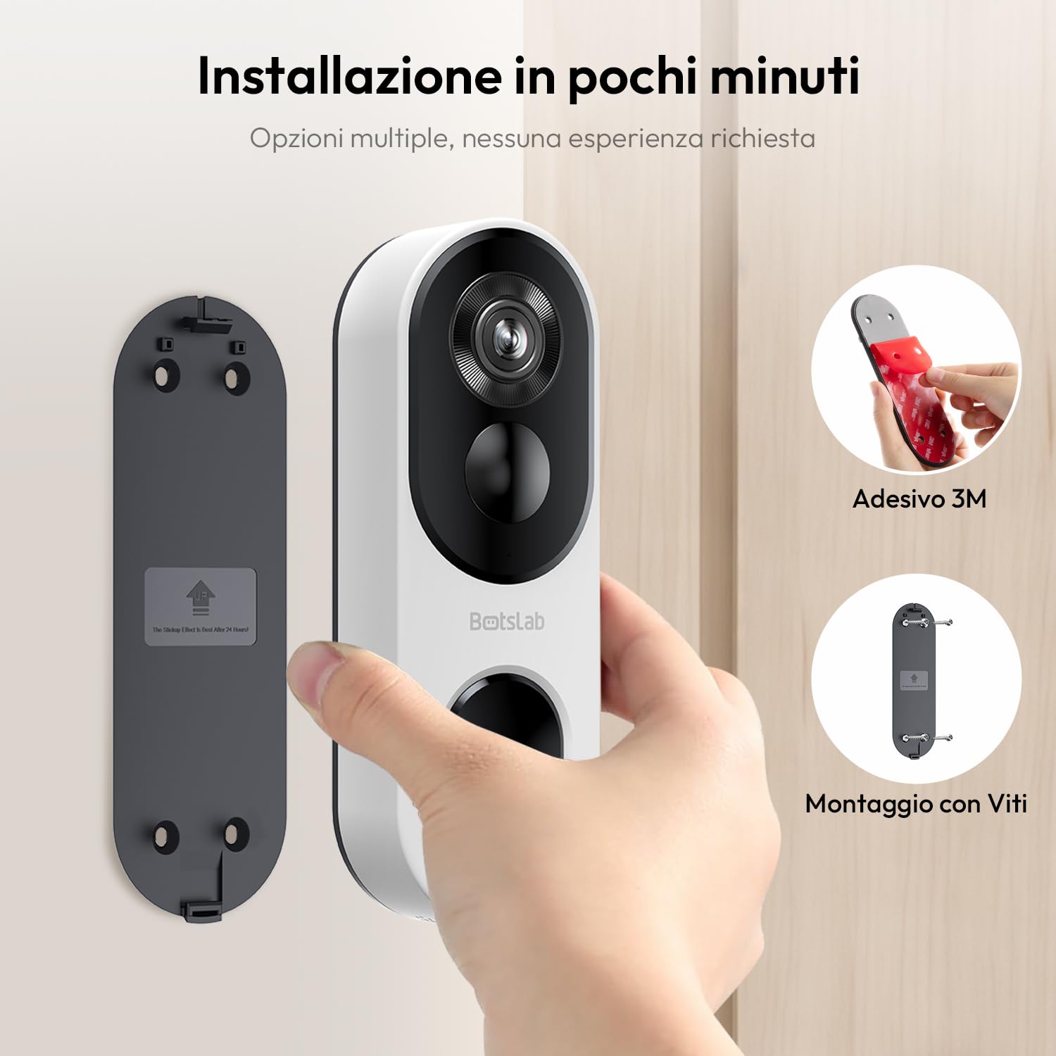 BOTSLAB 2K Videocitofono Wi-Fi 2,4 GHz con Chime, Rilevamento e Avvisi di Uomo, Video Campanello, Audio Bidirezionale, Visione Notturna a Infrarossi, Impermeabile IP66 - Nero