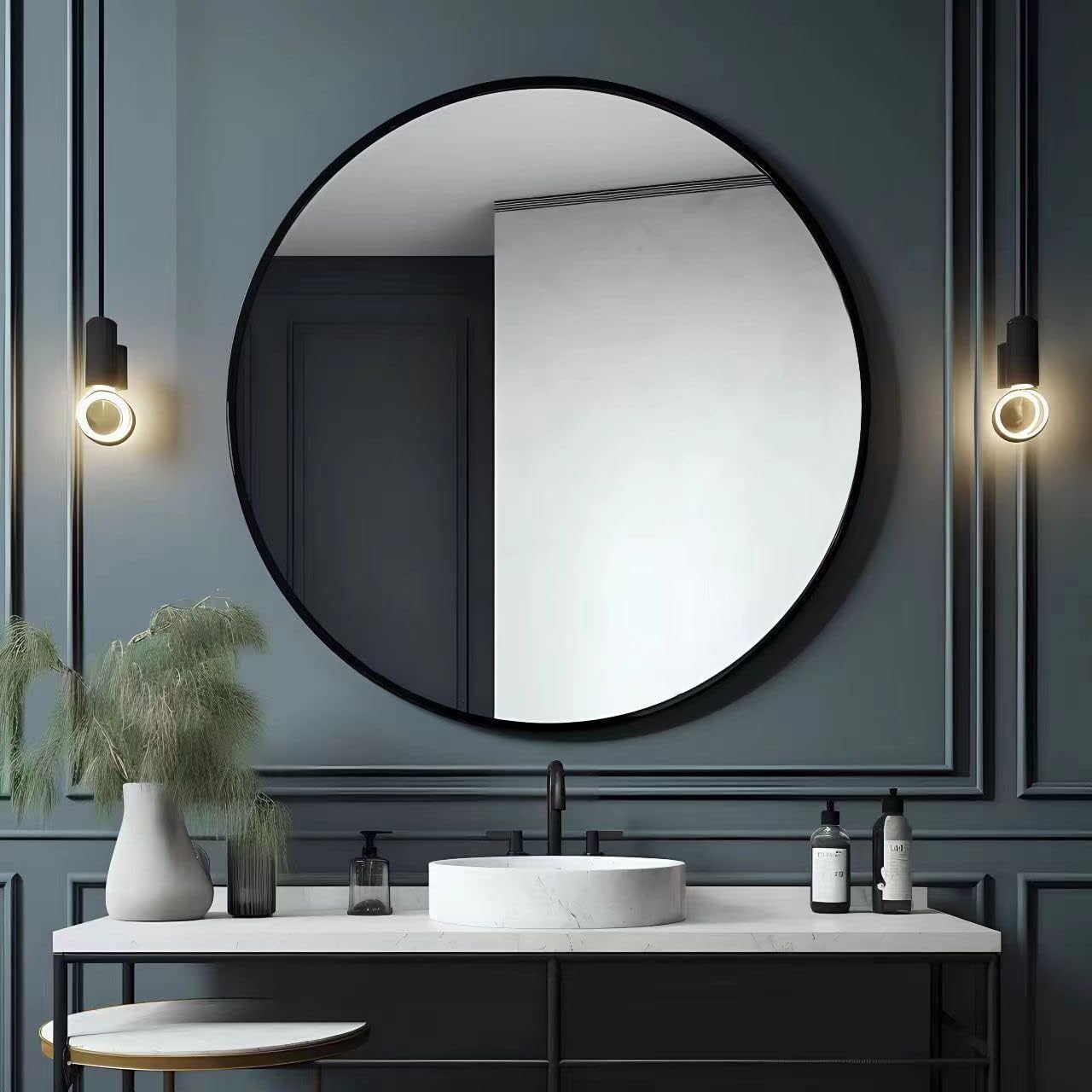 36" Black Round Metal Framed Bathroom Wall Mirror