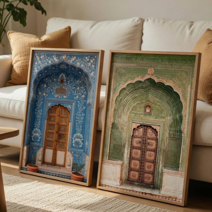 Image of Livin'luxe Indian Heritage Door Architecture Wall Painting Set of 2 with Wooden Frames | Vintage Haveli Arch Door Artwork HD Sparkle Laminated MDF Wall Decor for Living Room Bedroom Hallway