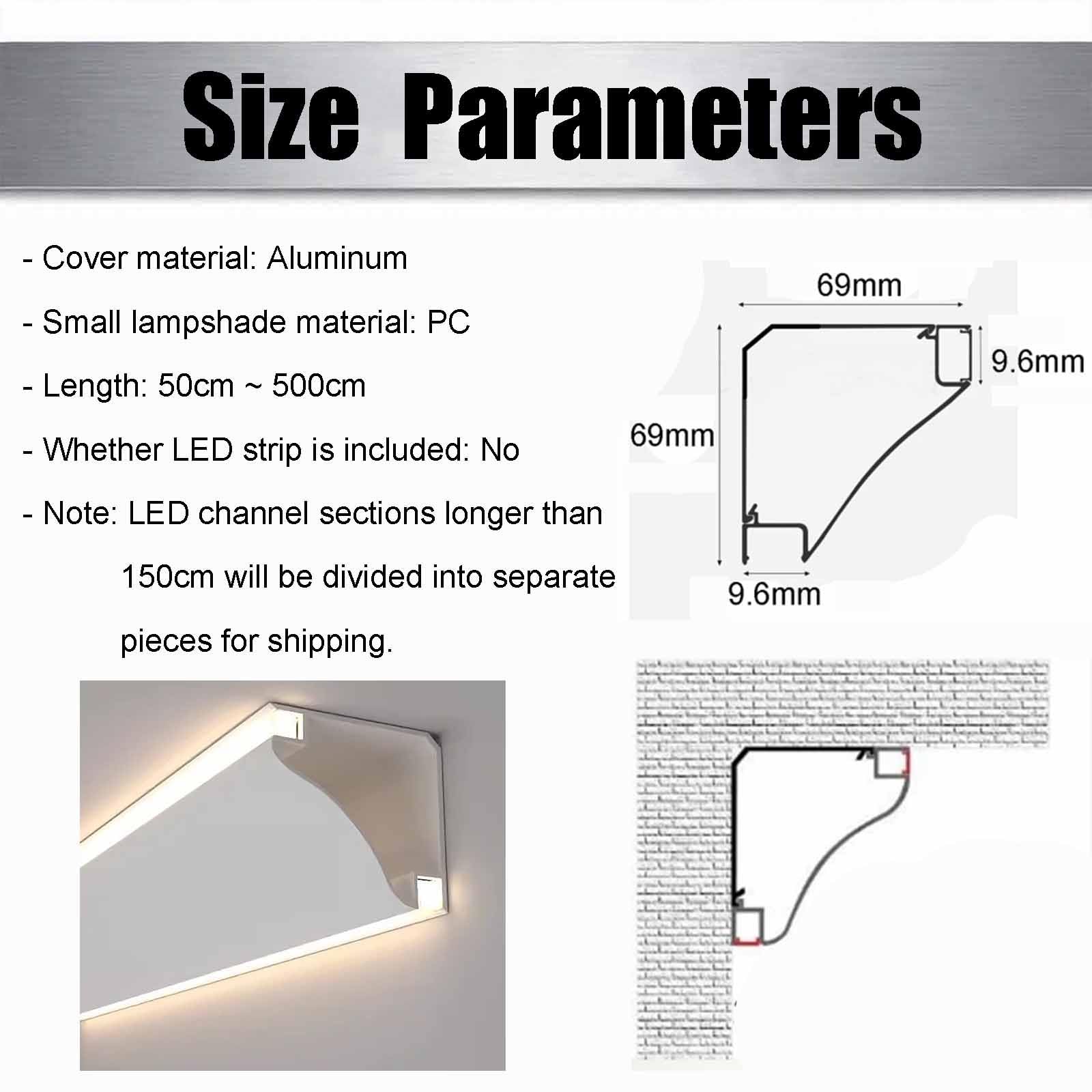 100 300 500 Cm Moulding Led Indirect Lighting Channel for Home, 69 Mm Height Ceiling Trim Edge for Light Fixtures, Wall Led Strip Light Cover Diffuser(L 450 cm)