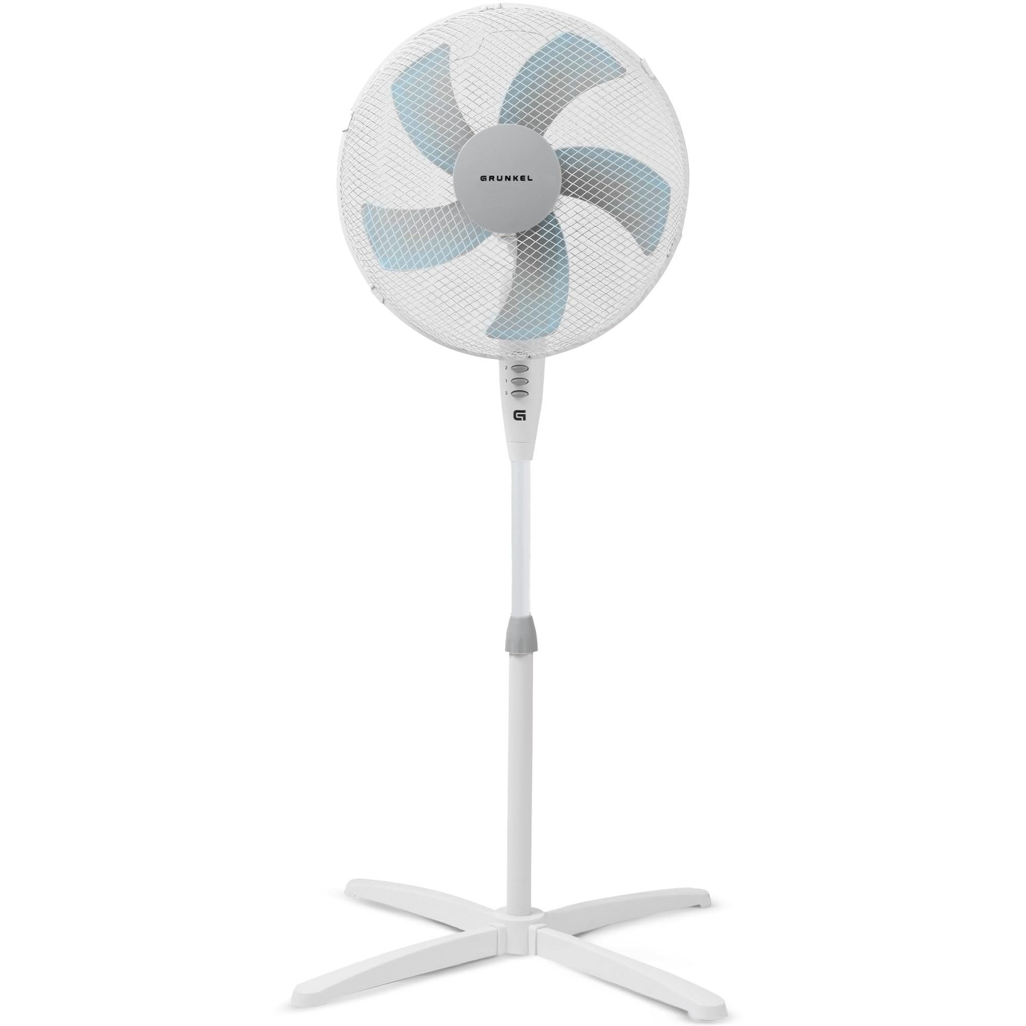 Grunkel Ventilador de Pie FAN-165 de 50W- 16" 40cm de diametro con 3 Velocidades y 5 aspas, Altura Regulable hasta 118cm. Cabezal inclinable, oscilación 90° y cable de 1,4m - 50W (Blanco)