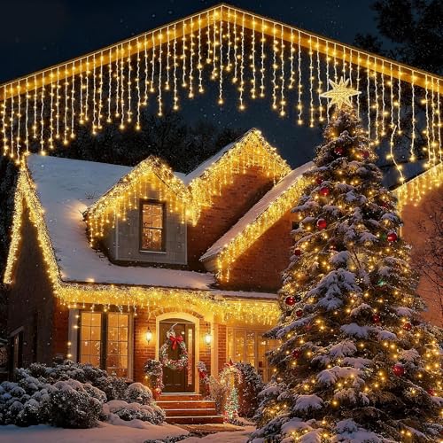 JTSIOV Cortina de Luces Navidad Exterior，10m 400 LED Cascada Luces de IP44 Impermeable con 8 Modos,Cortina Led Función de Memoria, Temporizador, Decoración para Navidad, Fiesta, Boda
