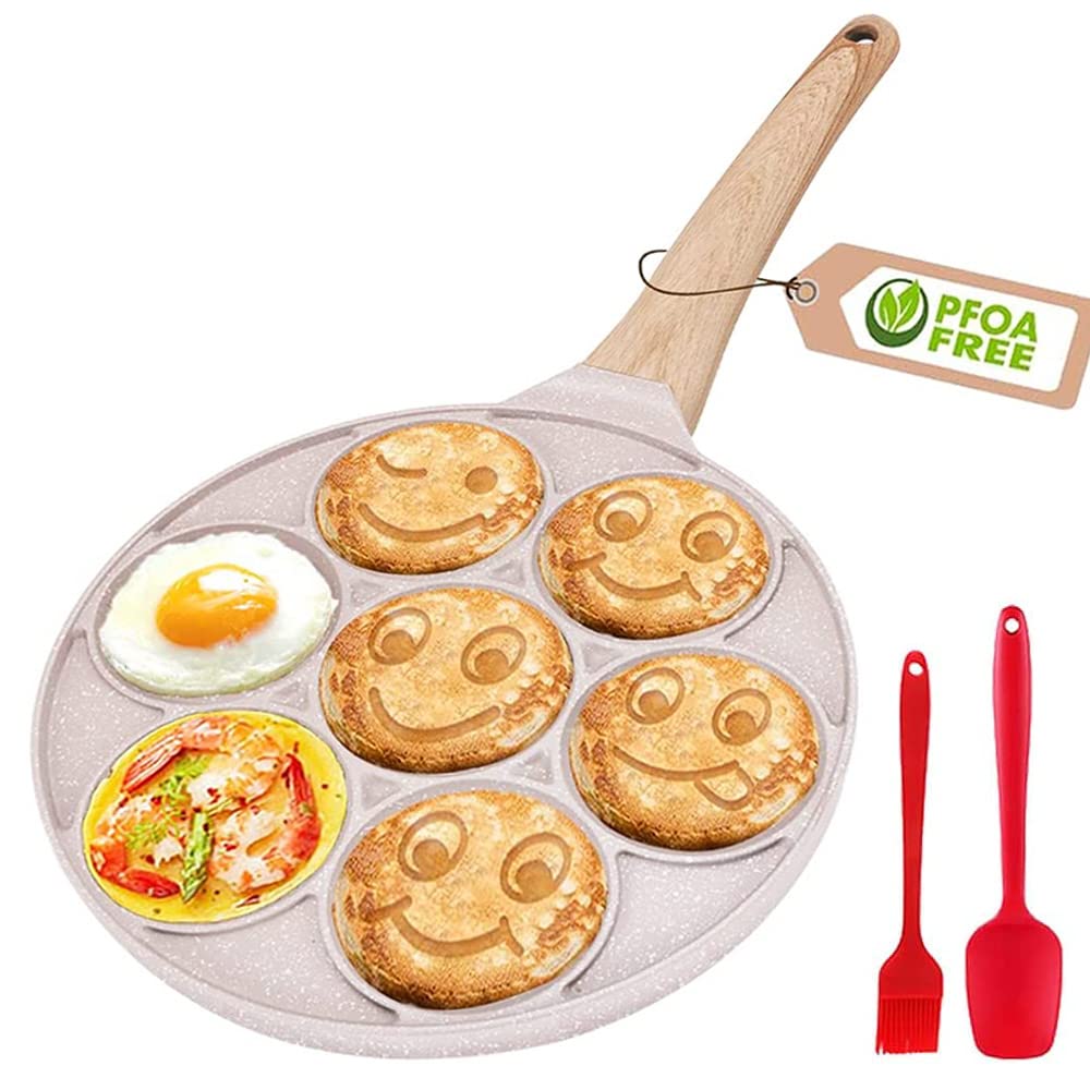 Bobikuke Pancake Pans For Kids,Pancake Shapes Pan,Mini Pancakes Maker Nonstick Pancake Griddle 7 Hole Smiley Face Pancake Mold For Breakfast, Gas Stove & Induction Compatible10 Inch(White)