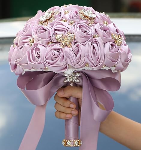 Miniatura 8 de Sharebeauty 18 cm Ramo de rosas de satén hecho a mano para novia, ramo de boda redondo, ramo artificial de flores para lanzamiento, ramo de color