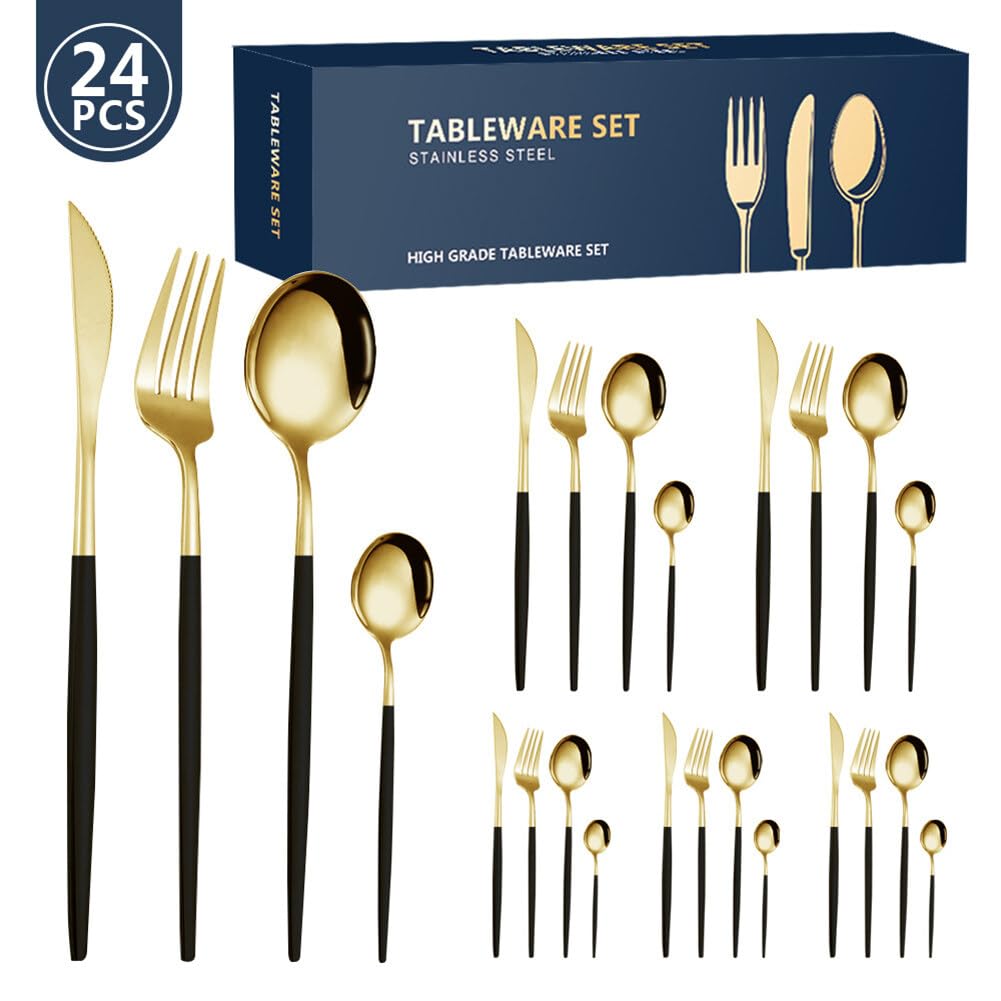 JAWSEU Ensemble de Couverts 24 Pièces, Couverts de Table pour 6 Personnes Set Couverts de Table en Acier Inoxydable avec Couteau, Fourchette, Cuillère Lavable Au Lave-Vaisselle Et Poli Miroir