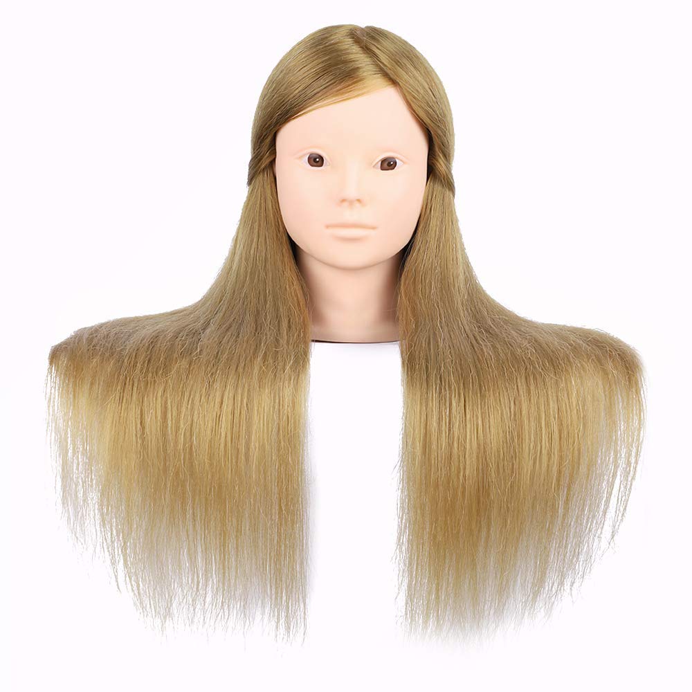 MEDO Mannequin Head 26 Inch With 60% Real Hair Brown Practice Training Head Synthetic Long Straight Hair Dresser Training Head Doll Cosmetology Manikin Head And Clamp Stand No Make Up(No make up, 27)