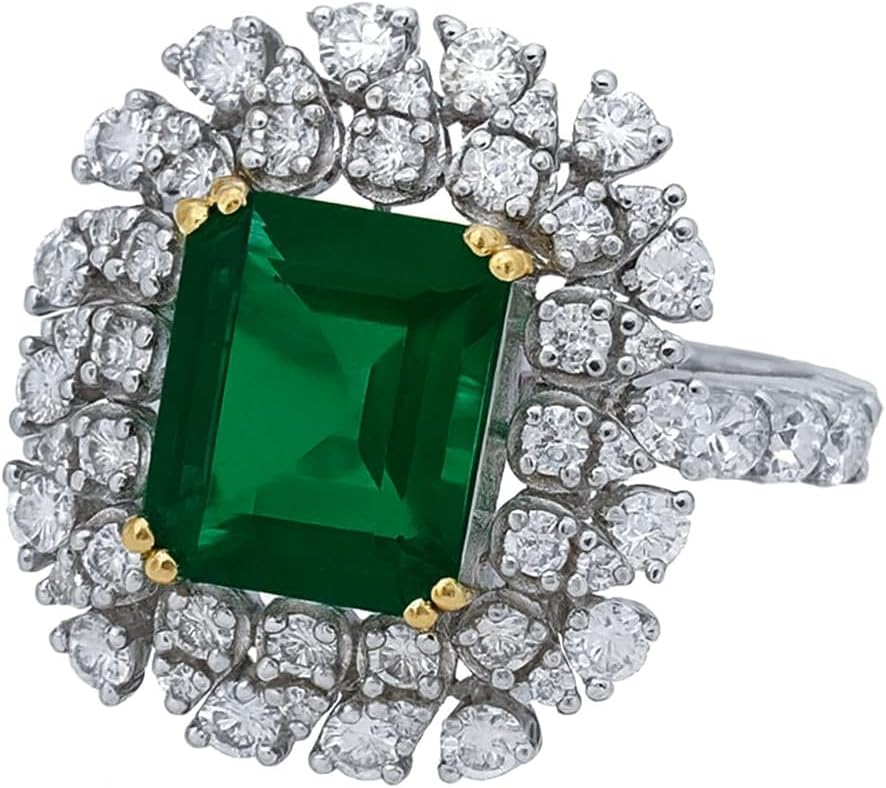 Sterling Silver Emerald Cut Green Emerald Ring with White Cubic Zirconia Halo, 14K White Gold Plated – Sizes 4 to 11