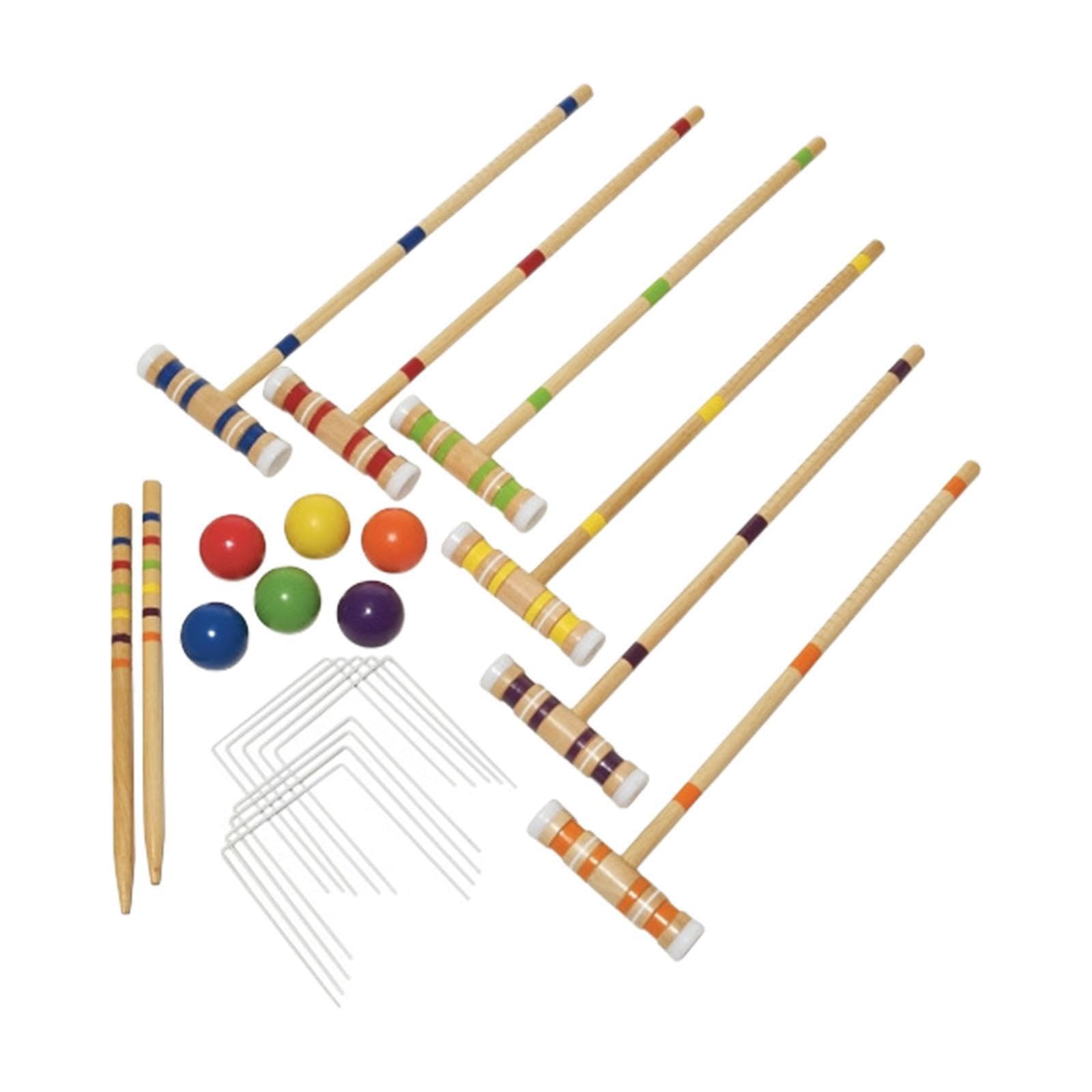 Outdoor Krocketset mit Holzschlägern und farbigen Kugeln für unterhaltsame Gruppenaktivitäten bei Gartenfesten oder Anderen besonderen Anlässen. Sportliches Outdoor