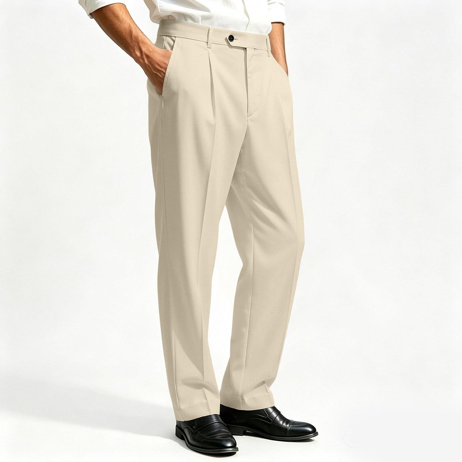 Men Button Fly Pleated Dress Pants High Waist Straight Leg Trousers | Smooth Breathable,Multiple Pockets,Solid Color,Ideal for Business Meetings,Wedding Events,Weekend Daily Wear,Office Work