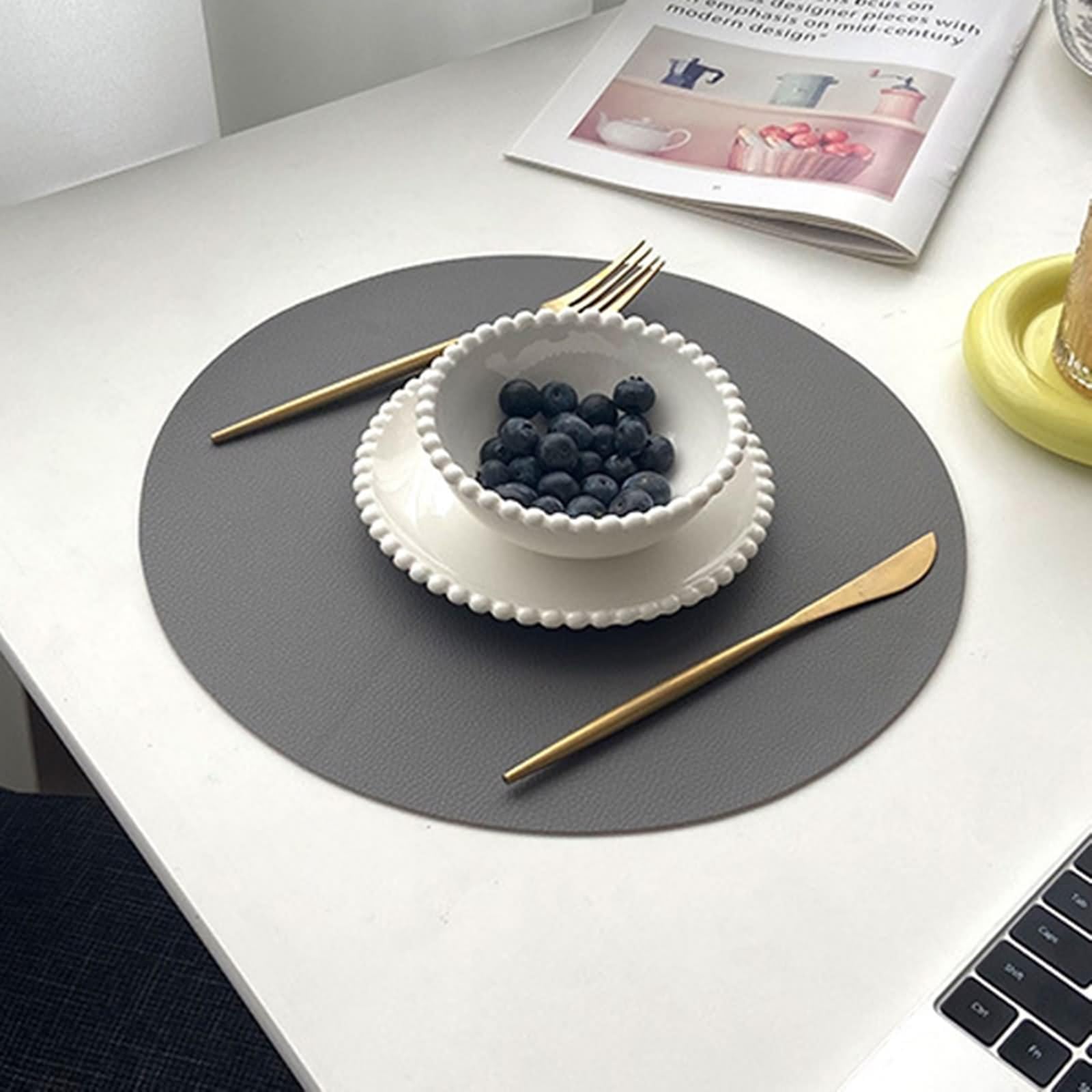 Platzdeckchen Landhausstil 6er Set, Place Mats Autumn 32cm Wendbarer Zweifarbiger Uni-Look Leder Dunkelgrau Beige