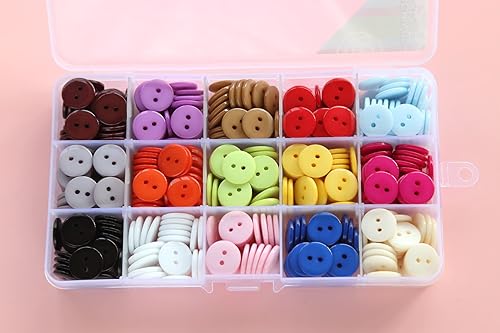 Miniatura 6 de GANSSIA 345 botones multicolores de 58 pulgadas (0.591 in), 2 agujeros, botón de resina, 15 colores surtidos para costura y manualidades con caja de