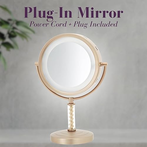 Miniatura 5 de JERDON Espejo de maquillaje de mesa iluminado, espejo de maquillaje iluminado con halo con aumento 1X y 6X en acabado de latón cepillado, espejo de
