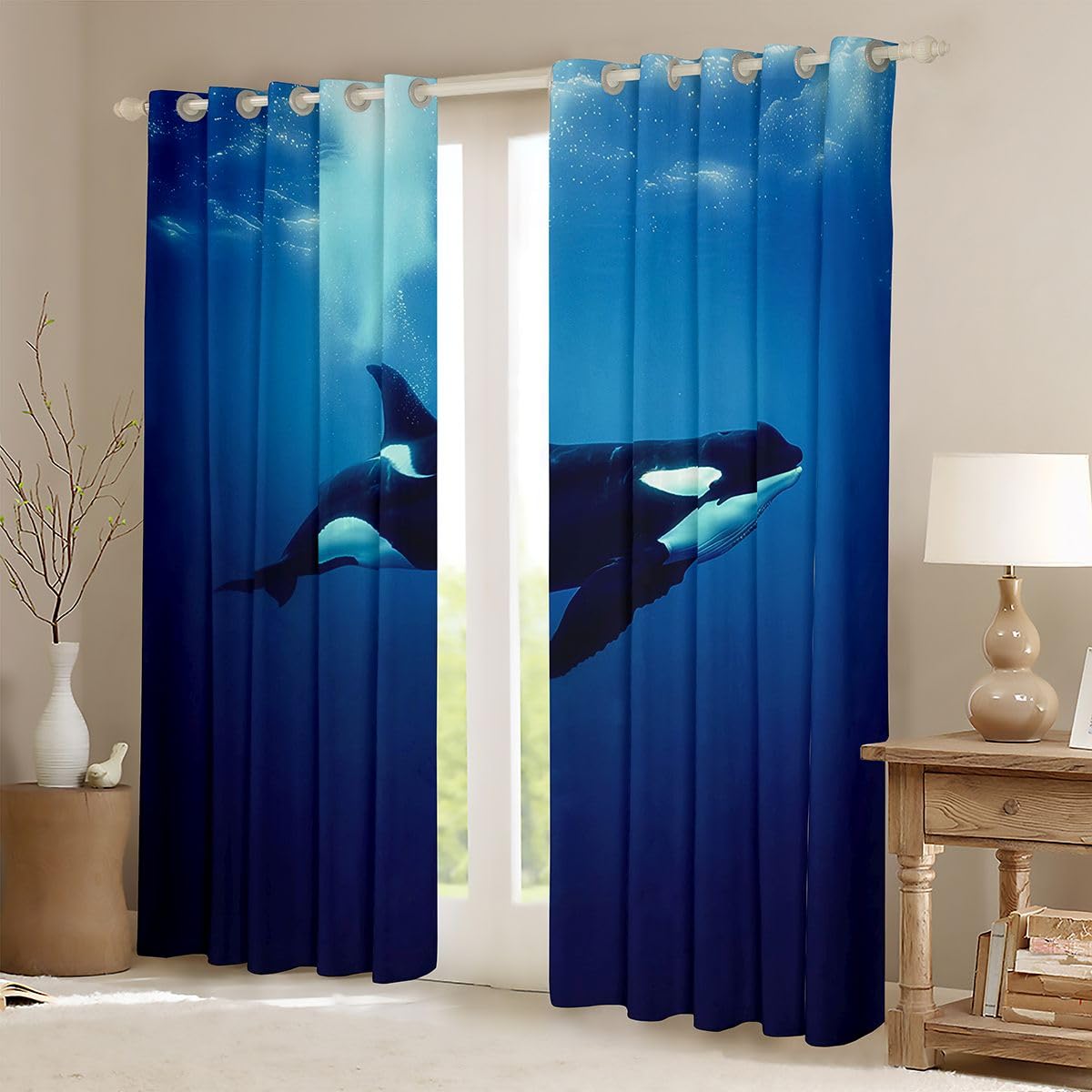 Homemissing Tende oscuranti Orca per camera da letto, soggiorno, balena oceanica, tende oscuranti con stelle marine, spiaggia, tende oscuranti per finestre, 2 pannelli da 117 cm x 117 cm