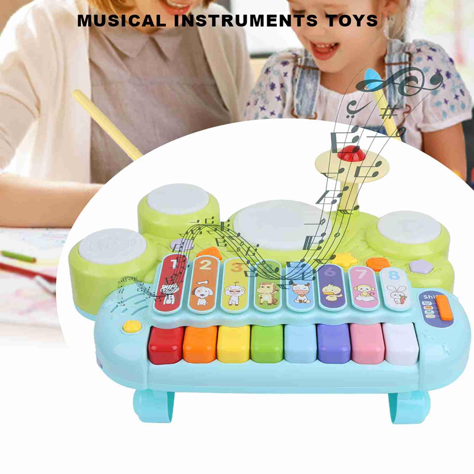 Strumenti Musicali 3 in 1 Giocattoli per Bambini, Tastiera di Elettronica Colorata e Set di Batteria, Ideale per L'apprendimento e lo Sviluppo dei più Piccoli, Realizzato in Plastica di Alta