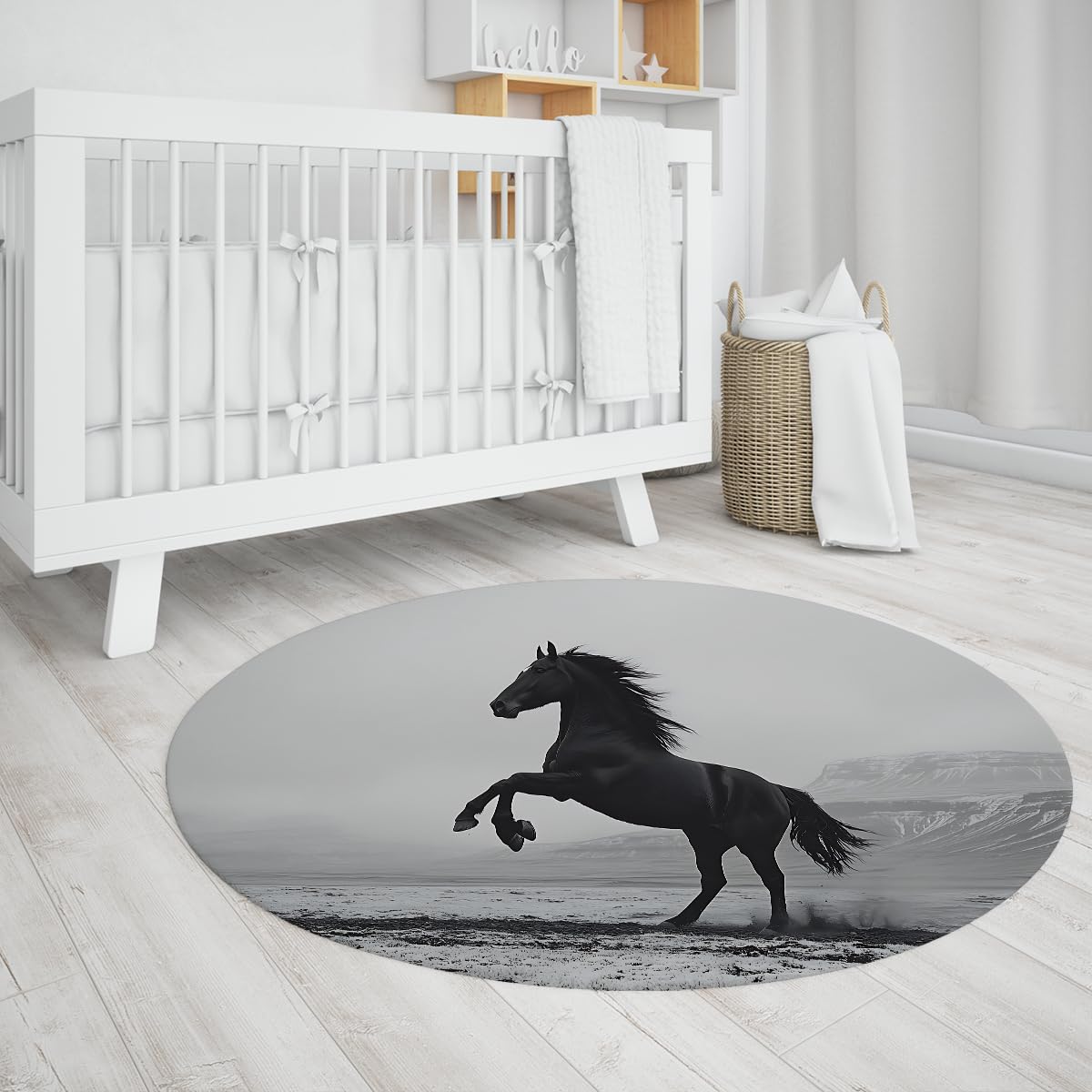 Realistic Black Horse Round 100cm Tapis Ronds Modernes pour Salon Animaux Facile Nettoyer Chambre Assise carpette Fine Descente de lit Pliable