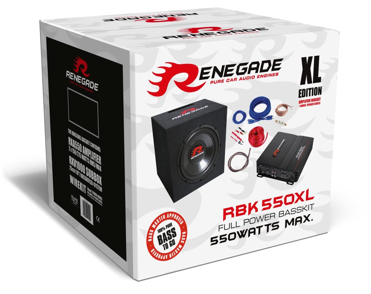 Kit Subwoofer in Cassa Reflex 25 cm 500W, Amplificatore 2 Canali Mosfet Classe AB 550W Max + Kit Cavi compatibile con Renegade Rbk 550xl Garanzia Italia