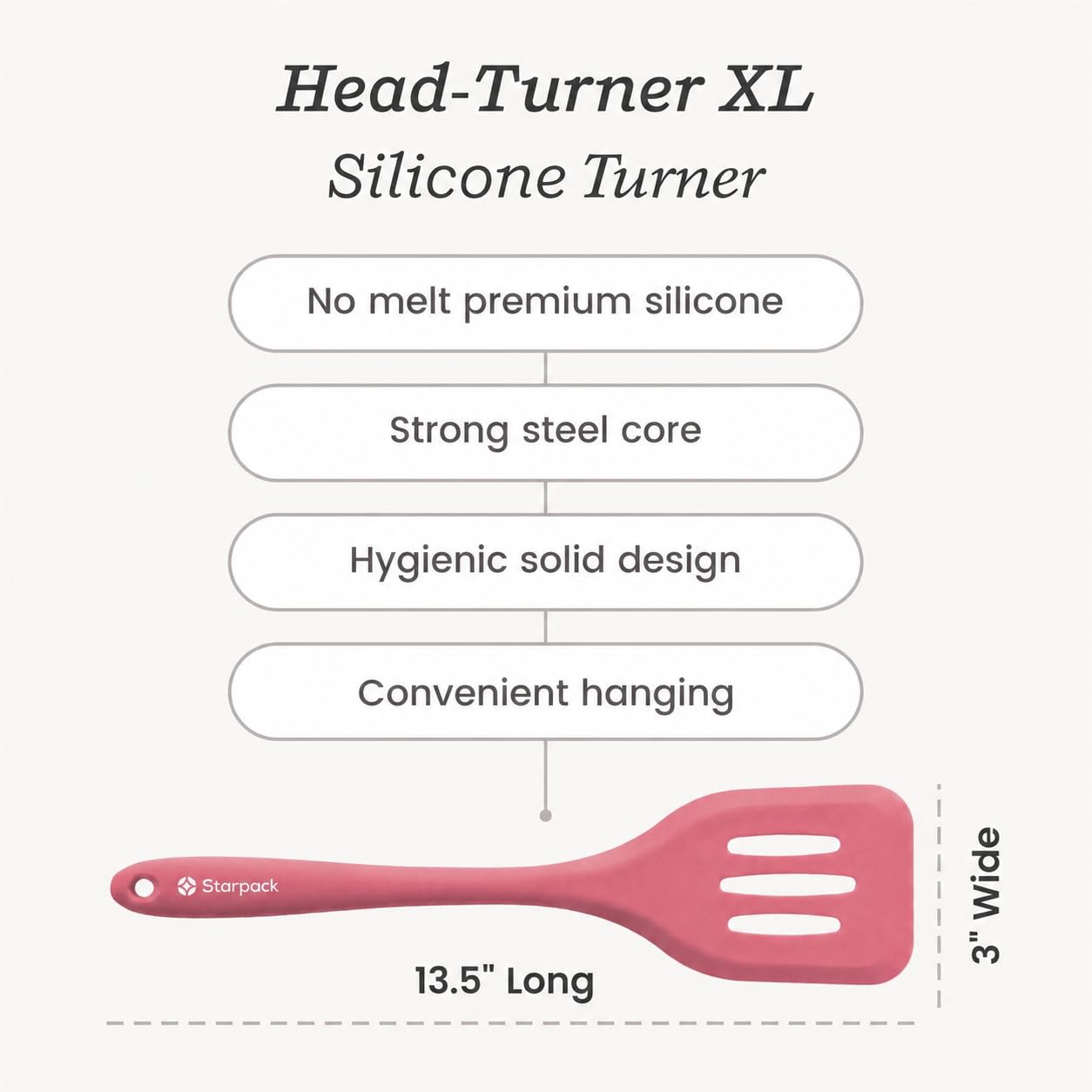 StarPack Premium XL Pfannenwender aus Silikon (34.3 cm), hoch hitzebeständig bis 315 °C, hygienisches einteiliges Design, antihaftbeschichtet, Küchenhelfer für Fisch, Pfannkuchen, Wok (Kirschrot)