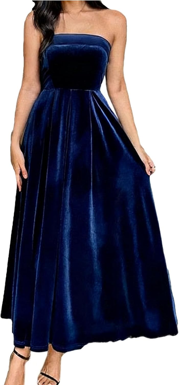 2025 Women Strapless Velvet Evening Gown Off Shoulder Pleated Swing Dresses Wedding Bridesmaid Maxi Long Dress