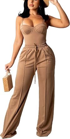 Bluewolfsea Sexy 2 Piece Pants Set for Women Cami Top Wide Leg Pants