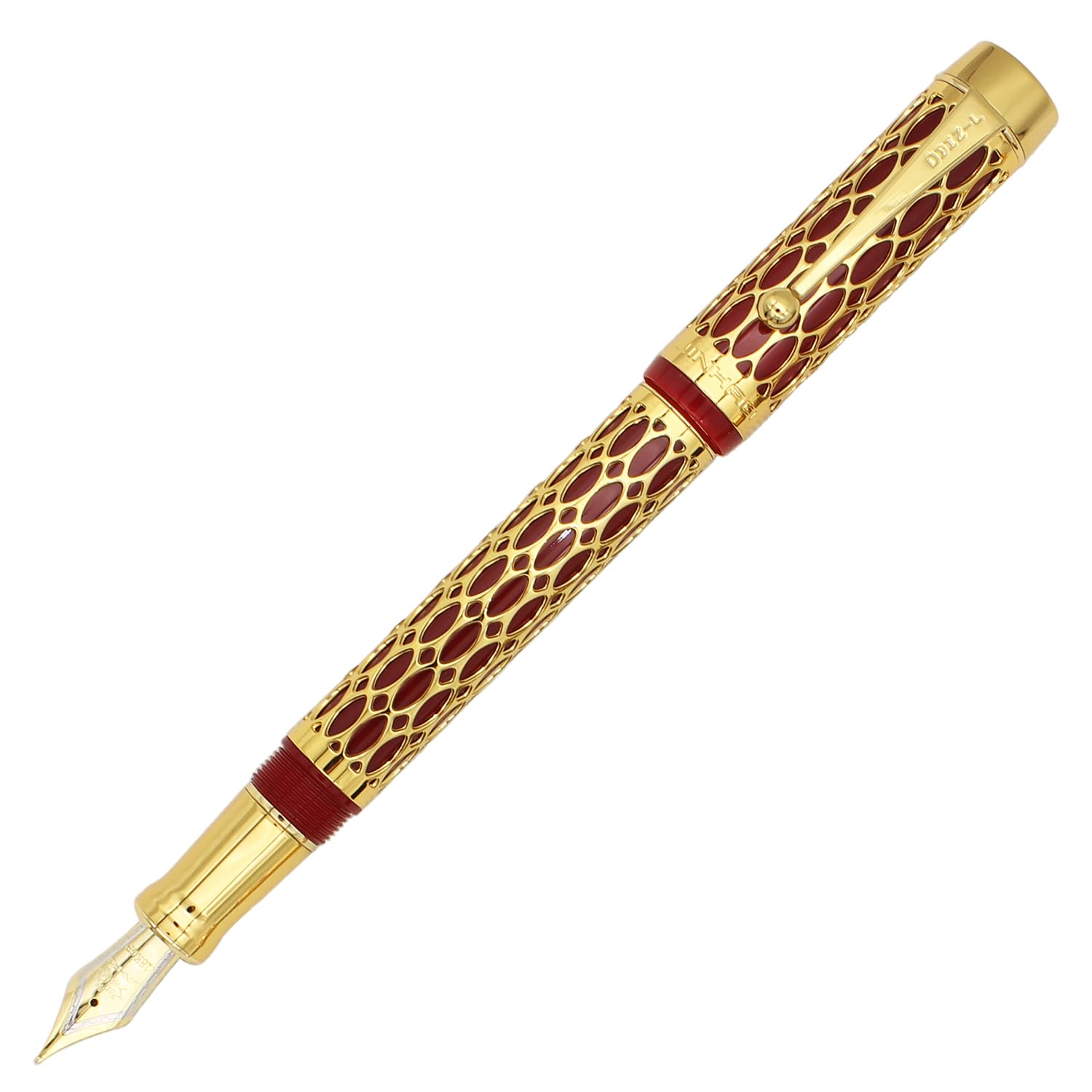Gullor Openwork Gold Fountain Pen with Gift Box, Screw Cap, Red Barrel, Extra Fine Nib - Image 2