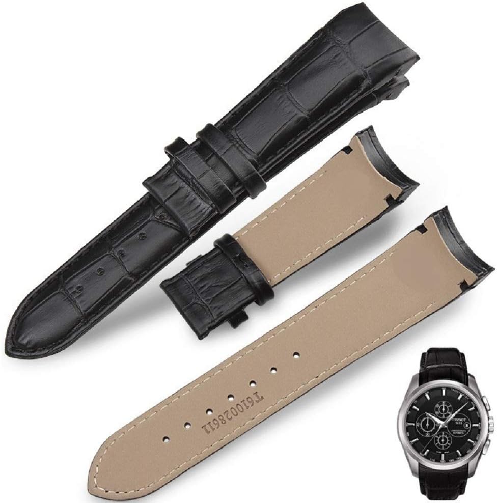 22mm Black Curved Leather Watch Strap Fits Curvedend Watches Without Buckle