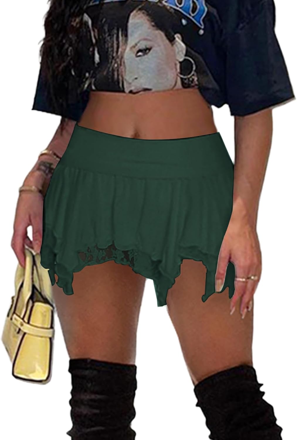 Women's Lace Short Skirt Sexy Y2K Solid Low Waist Patchwork Flowy Ruffle Pleated Mini Skirts Streetwear