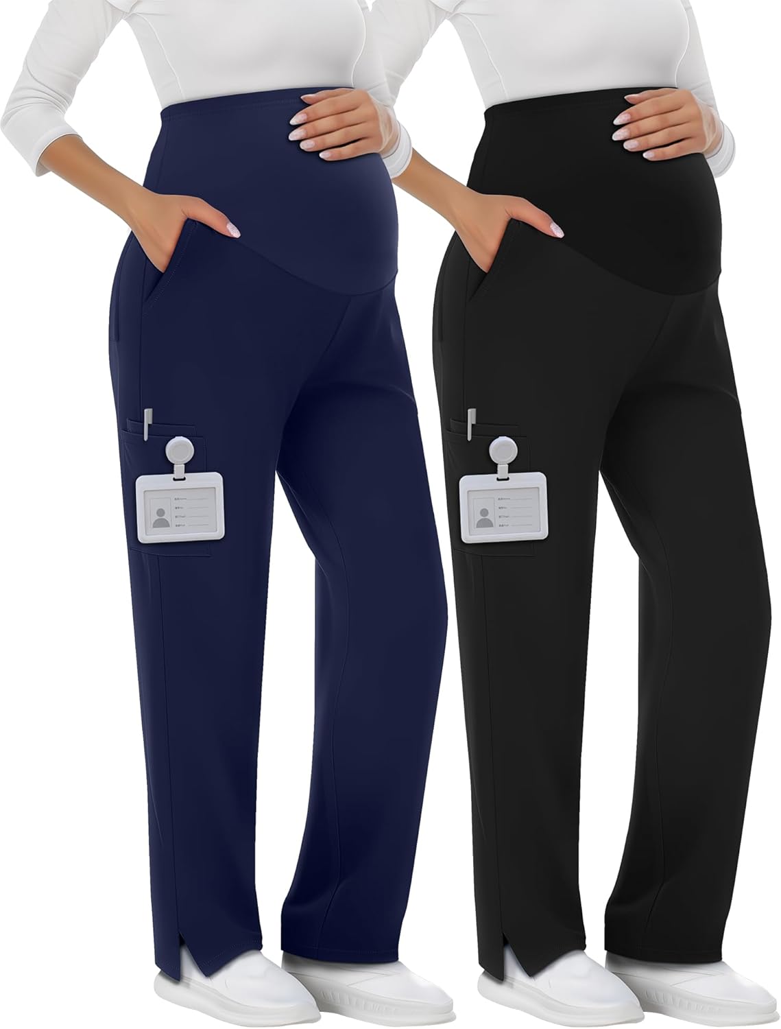 Sweetyweee 2 Pack Women's Maternity Scrubs Pants with 6 Pockets Pregnancy Workwear Stretchy Straight Leg Cargo Trousers