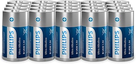Philips Ultra D Alkaline Batteries, LR20 - High Capacity for Flashlights and Large Devices, Pack of 20