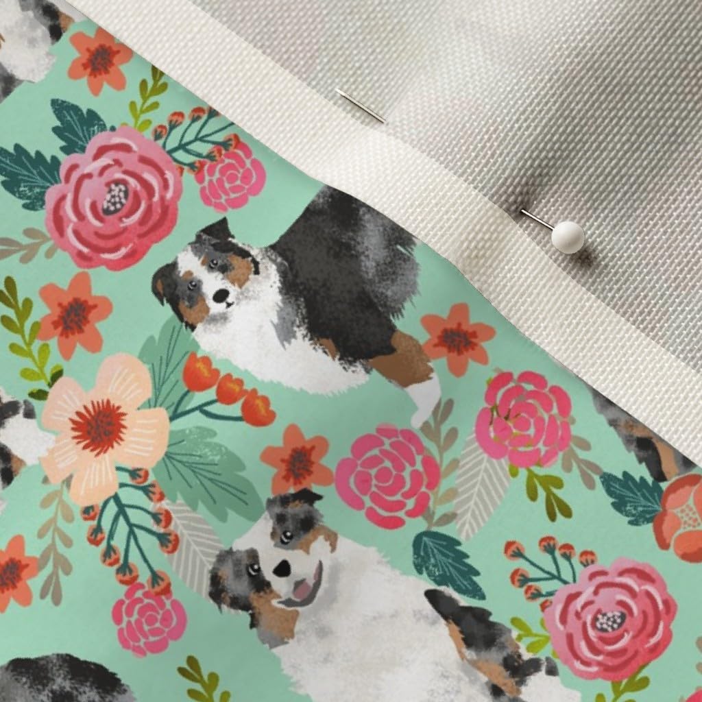 Spoonflower Fabric - Aussie Dogs Floral Best Blue Australian Shepherd Pet Portrait Printed on Upholstery Velvet Fabric Fat Quarter - Upholstery Home Decor Bottomweight Apparel