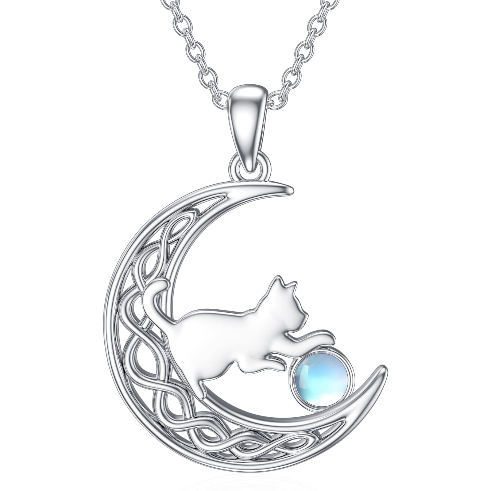 LONAGO Collana Gatto 925 Sterline D'argento Pietra Portafortuna con il Gatto in Luna Ciondolo Collana Gioielli per le Donne