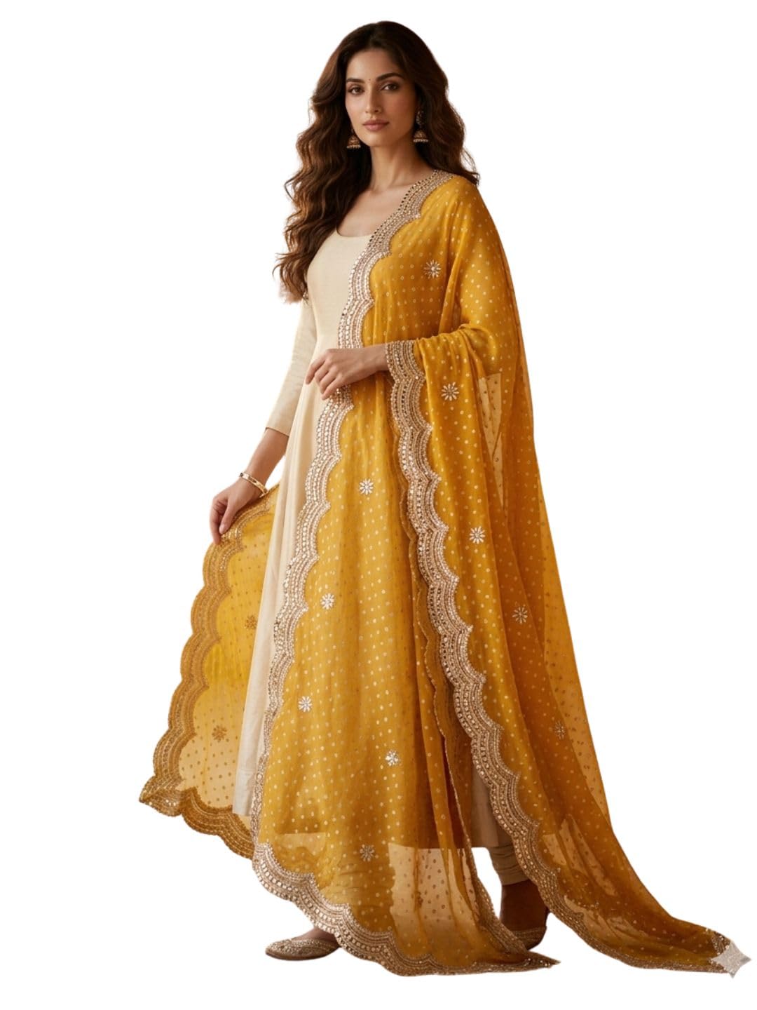 dupatta bazaar Women's Bandhini Printed and Embroidered Georgette Dupatta | Zardozi Work with Embellished Border Ethnic Wear Dupatta Wedding Festive Party (2.4 Meter, Mustard)-picture-24