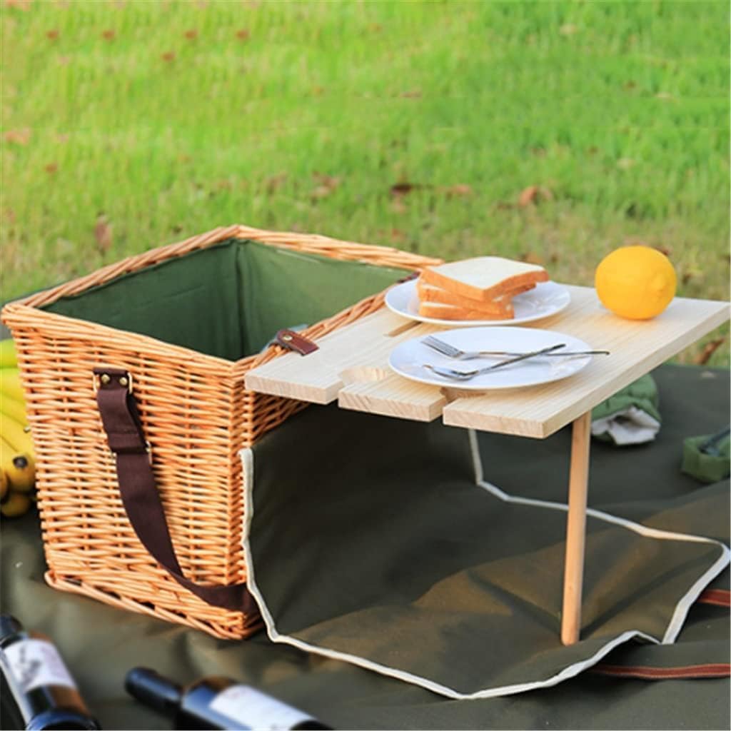 Rattan Picnic Basket Set with Shoulder Strap - Portable Insulated Outdoor Picnic Box with Cover & 4-Piece Camping Tableware