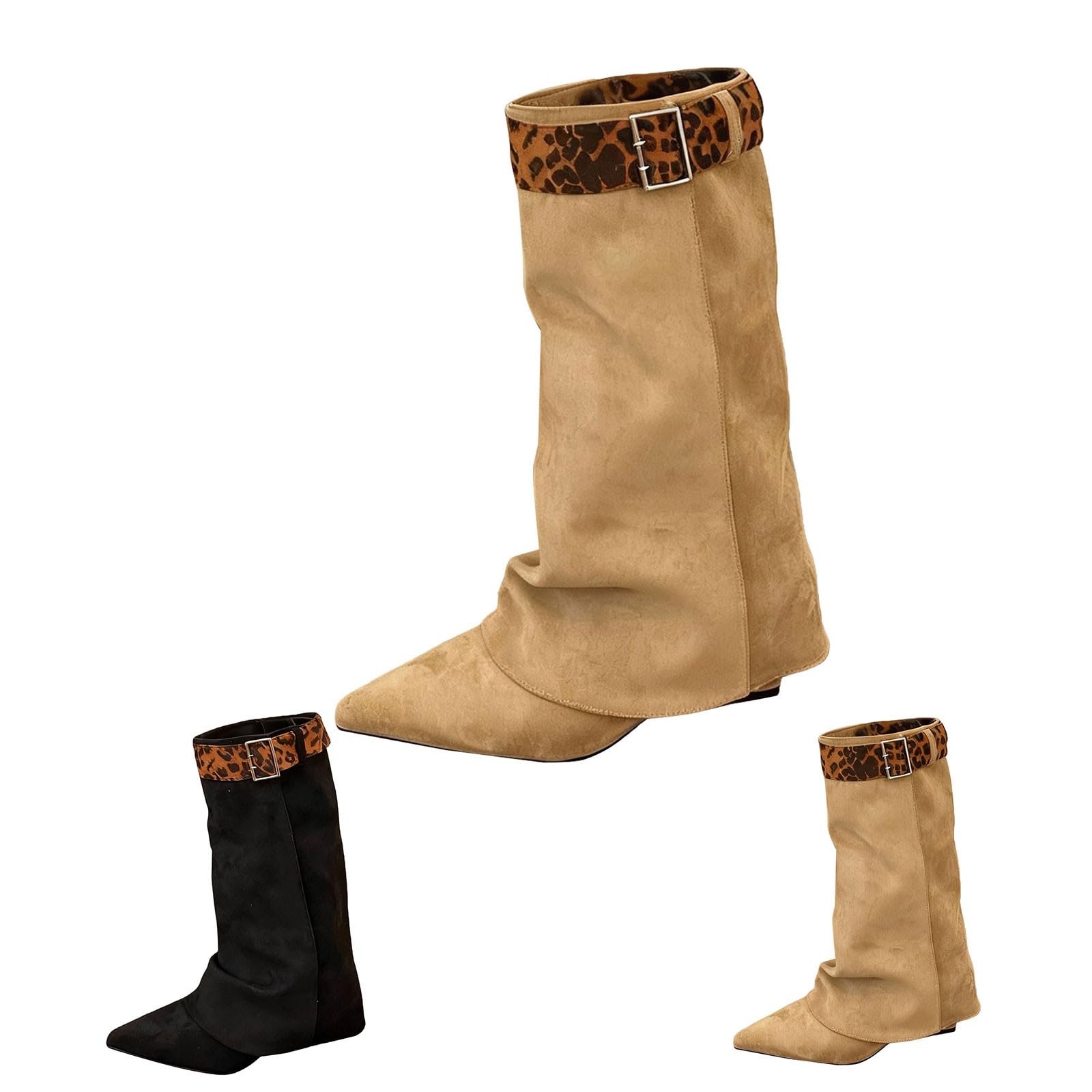 Generisch Langschaft Stiefel Damen Fold Over Shark Cowboystiefel mit Blockabsatz - Klassisch Halbhoch Weitschaftstiefel Spitzer Zehenbereich Übergangsstiefel Damenstiefel für Herbst Winter