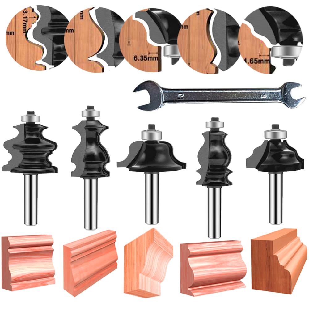 LUBEIN Router Bit 1/4-Inch Shank Molding Cabinet Router Bit Set 5 PCS, Wainscotting and Flooring Matched Router Bits Set with Edge Banding Woodworking Milling Cutter Tools (B2-4)