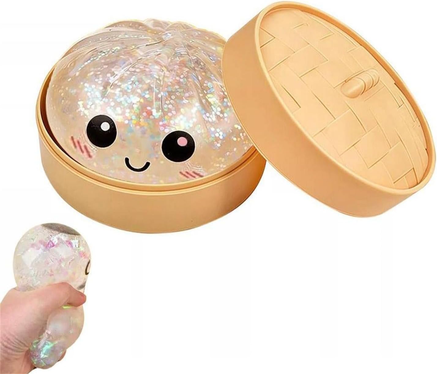 Glitter Dumpling Squishy, Dumpling Squishy with Steamer Box, Bun Squishies Squeeze Ball, Chinese Dumplings Baozi for Stress Relief (Clear)