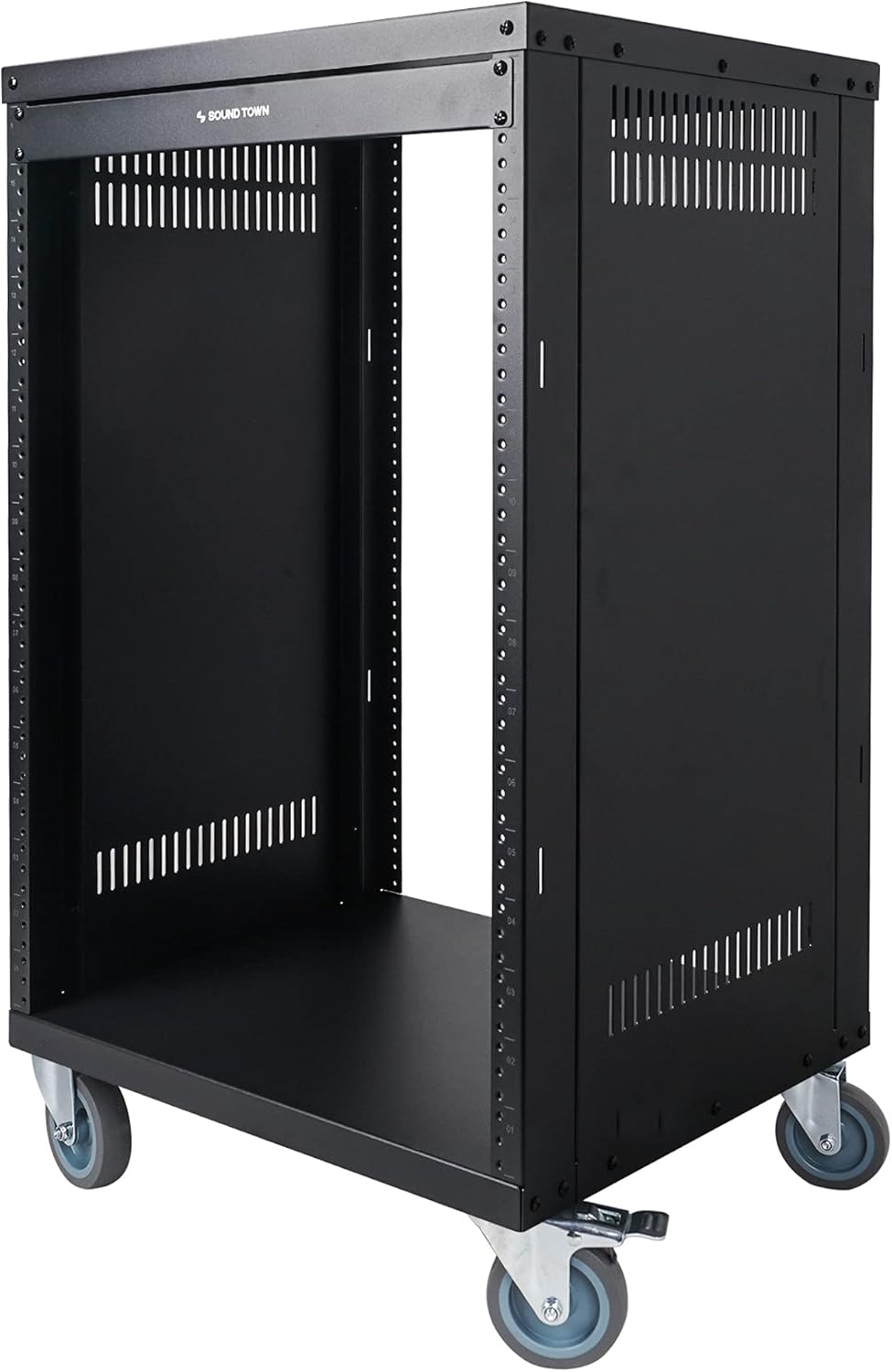 Sound Town 16U Universal Steel Rack, w/ 3" Locking Casters, Vented Side Panels for Audio Video, Server and Network Equipment (STRK-M16U)