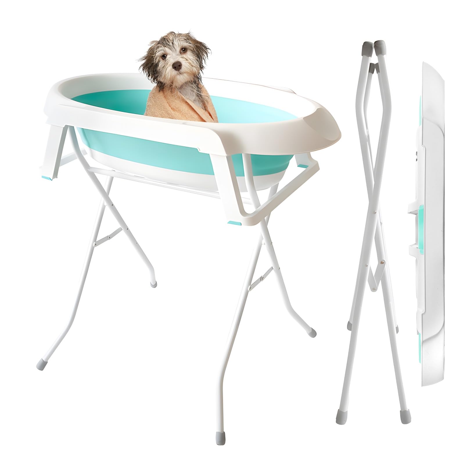 2 in 1 Dog Bath Tub, Elevated Foldable Portable Pet Washing Station, Collapsible Bathtub for Small Dogs Cats, Adjustable Grooming Bathtub for Indoor and Outdoor Use, Space-Saving Pet Shower Tub Blue